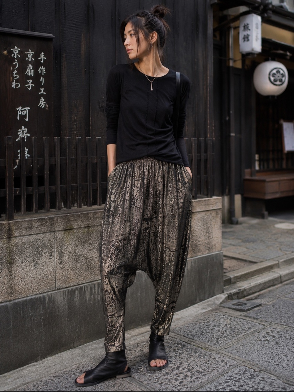 Metallic Jacquard Drop Crotch Harem Pants – S/M